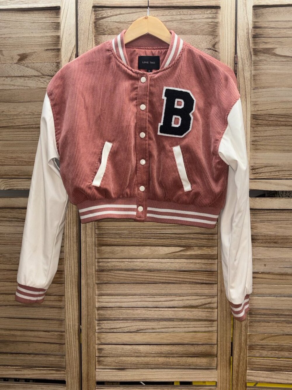 Love Tree Pink Corduroy Crop Varsity Jacket Faux Leather Sleeves Size M
